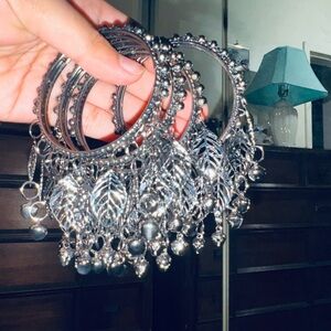 Silver Boho Leaf Charm Bangles